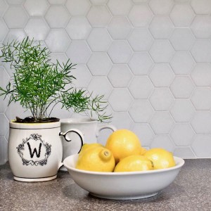 Close-up of hexagonal tile in white lacquered kitchen project, Paper Moon Painting, San Antonio, Monte Vista, Olmos Park