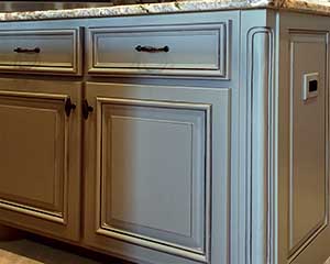 Glazed cabinets, island glaze finish by Paper Moon Painting, San Antonio cabinet glazing and painting company