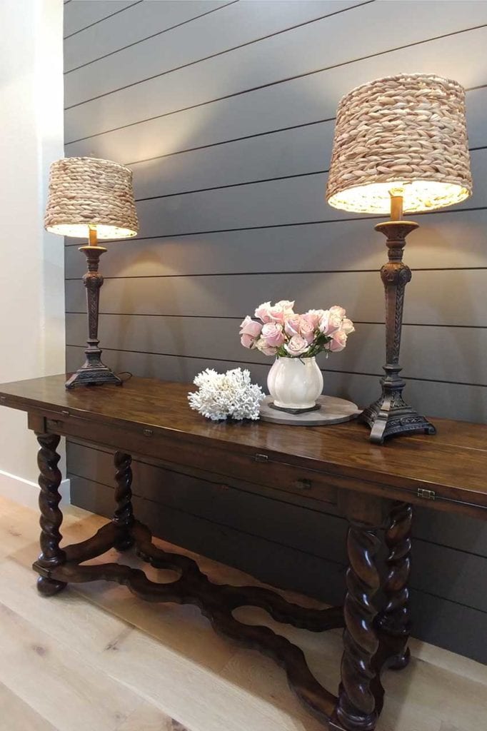 Painted shiplap accent wall niche in Benjamin Moore BM HC-166 Kendall Charcoal, Paper Moon Painting, Austin TX