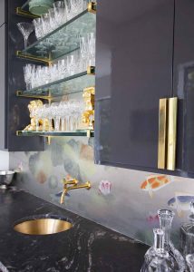 Home bar with koi wallpaper, black gloss cabinet painted in BM Wrought Iron, Paper Moon Painting