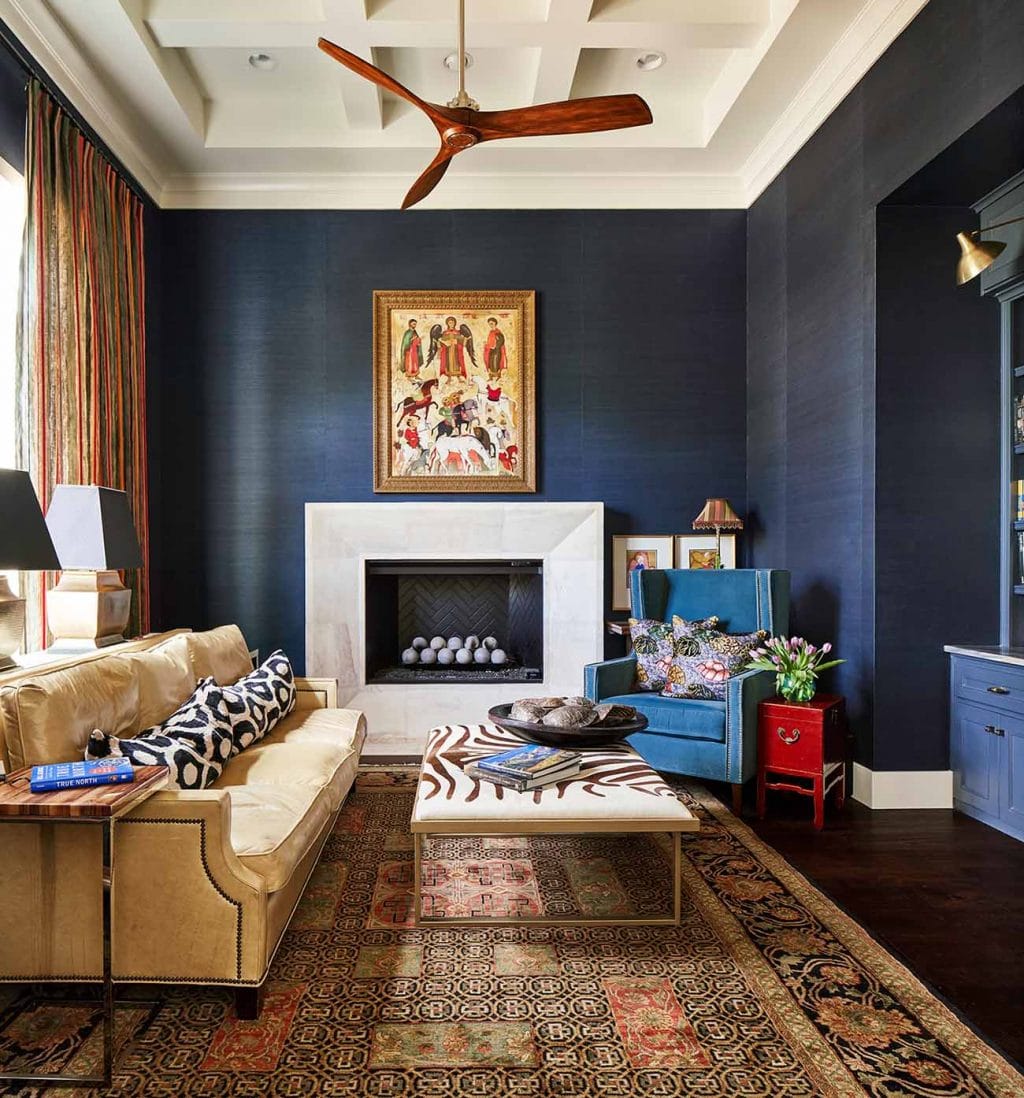 Brown Buffet Cabinet on Navy Blue Grasscloth Wallpaper  Transitional   Dining Room