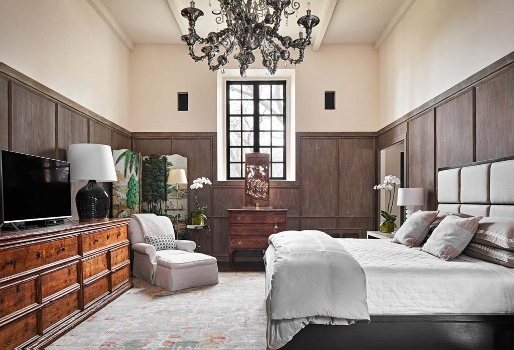 Master bedroom with cerused wood paneled walls, Paper Moon Painting