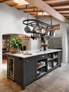 Chef's kitchen island cabinetry painted black, Paper Moon Painting, Alamo Heights