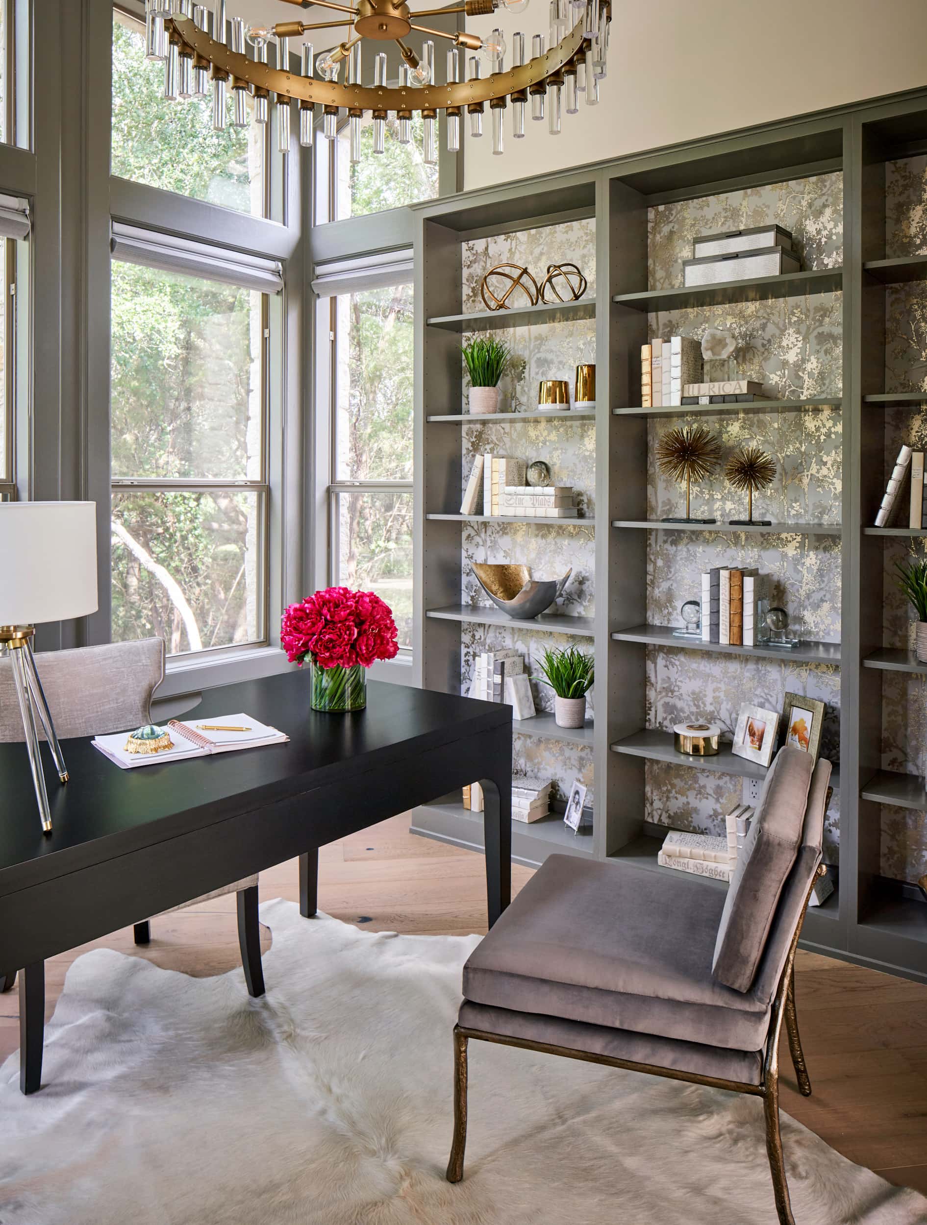 Home office study, accent bookshelves, Benjamin Moore Kendall Charcoal, Paper Moon Painting company, San Antonio house painters
