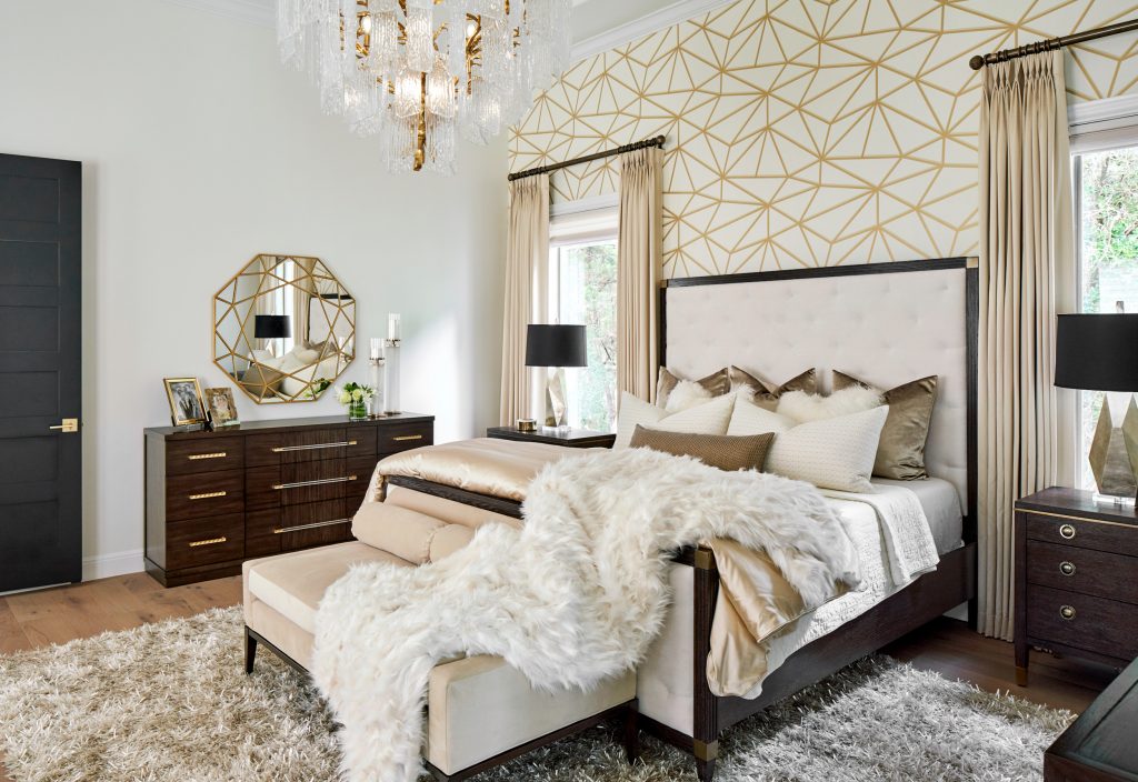 luxe-master-bedroom-white-gold-wallpaper-and-walls-in-benjamin-moore-swiss-coffee
