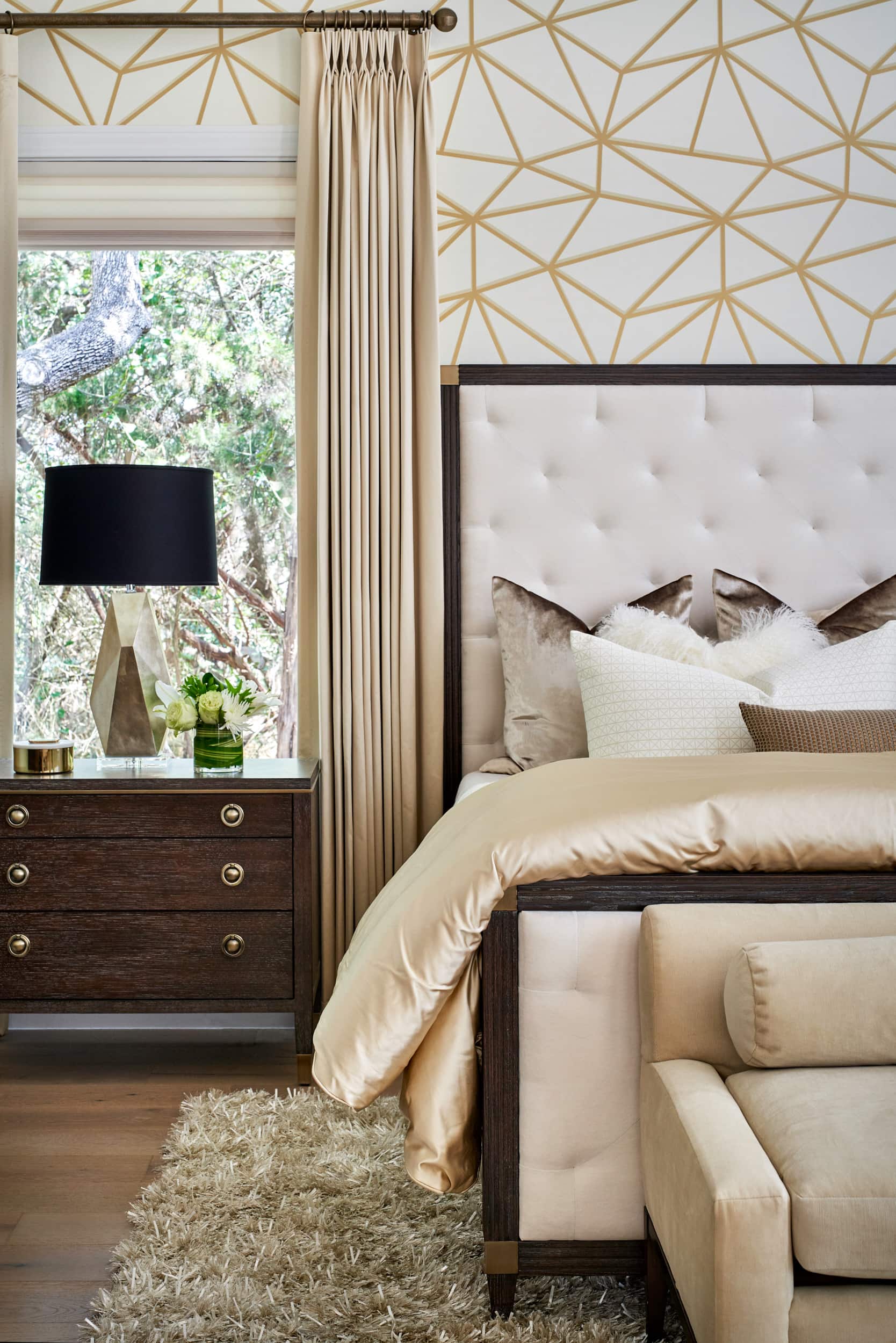 Master bedroom, white gold wallpaper, Paper Moon Painting San Antonio