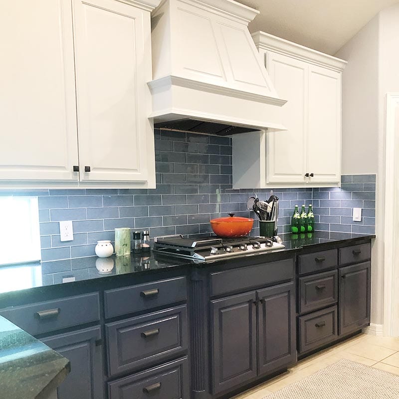 Blue and white kitchen cabinets painted by Paper Moon Painting, Austin, Sherwin Williams Ice Cube and Indigo Batik