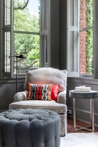 Cozy reading corner, grey gray walls and woodwork, Paper Moon Painting, Alamo Heights interior painter