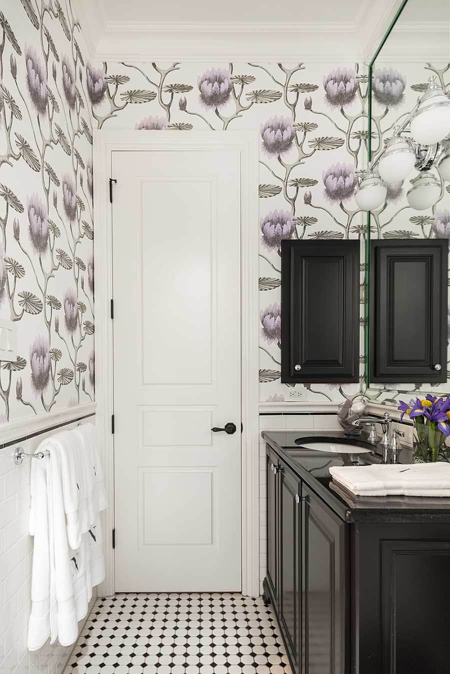 Powder bath wallpaper install, Cole and Sons Summer Lily, Farrow and Ball Pitch Black cabinet paint, by Paper Moon Painting, Alamo Heights