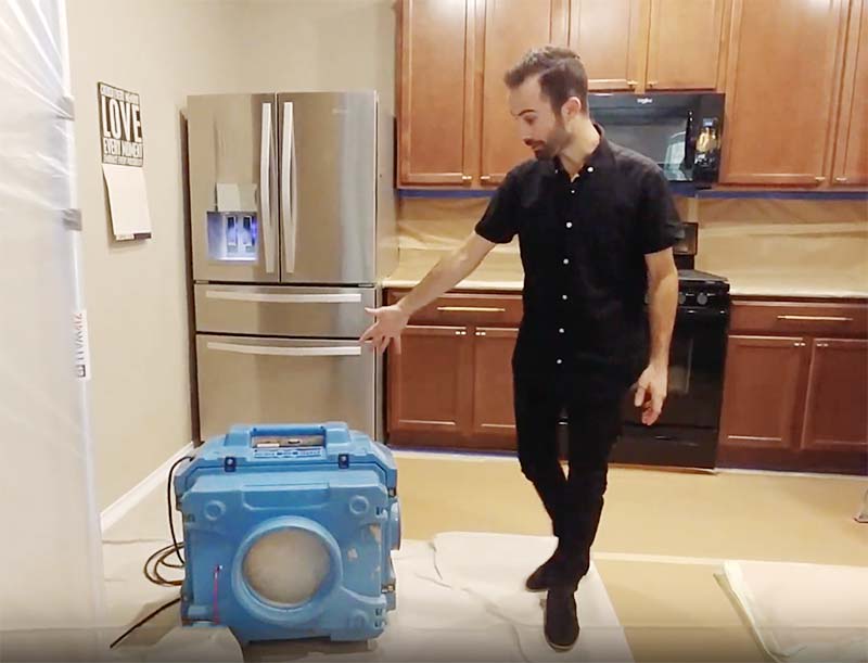 Air scrubber with HEPA and carbon filters used while painting cabinets, Paper Moon Painting, Austin TX