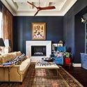Living room blue grasscloth wallcovering install