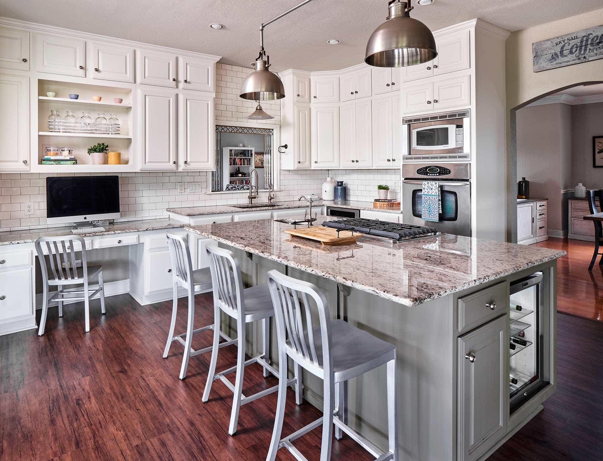 Kitchen cabinets painted in Benjamin Moore Cloud White and Tweed Coat, Paper Moon Painting San Antonio