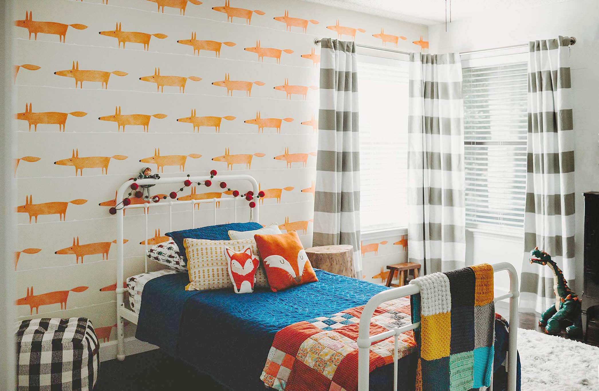 Orange fox wallpaper in kids boys bedroom, headboard wall installation