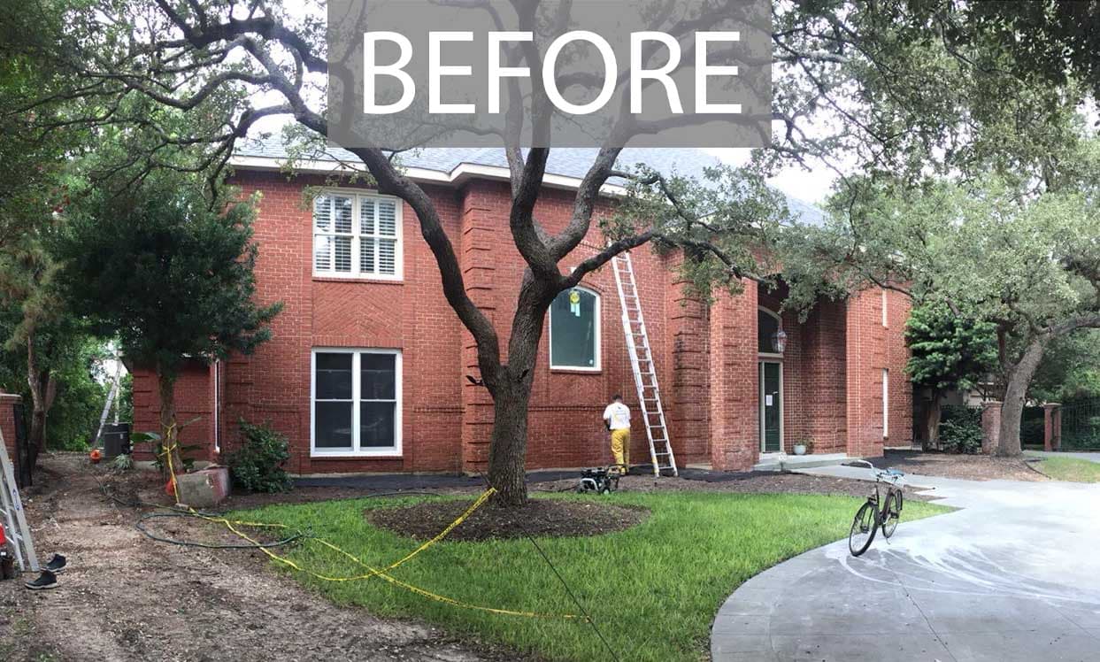 Red brick home exterior BEFORE being painted in Sherwin Williams 7005 Pure White, Alamo Heights TX