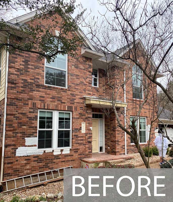 BEFORE pic of red brick home, White painted brick exterior before painting, Austin Round Rock TX