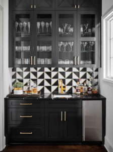 Black home bar cabinets in Sherwin Williams 6258 Tricorn Black, Alamo Heights TX cabinet painter