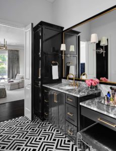 Luxurious master bath, cabinets painted in SW 6258 Tricorn Black, high gloss, Alamo Heights TX home painting