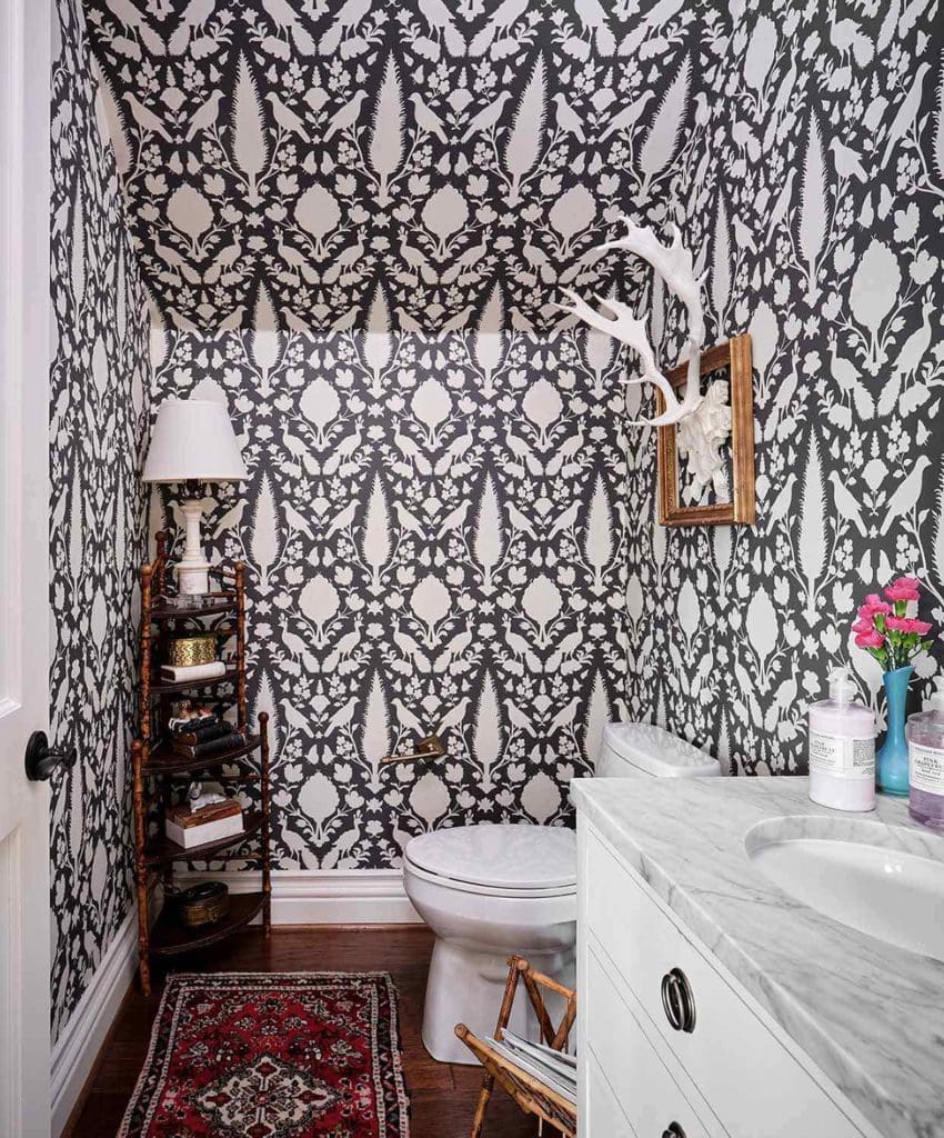 Black and white fabric-inspired graphic wallpaper in powder bath, Paper Moon Painting wallcovering installer, San Antonio TX