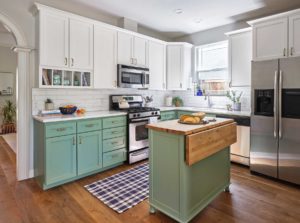 Green and white two-tone kitchen cabinets painted in BM Greenwich Village and SW Alabaster, Paper Moon Painting contractor, Austin Hyde Park