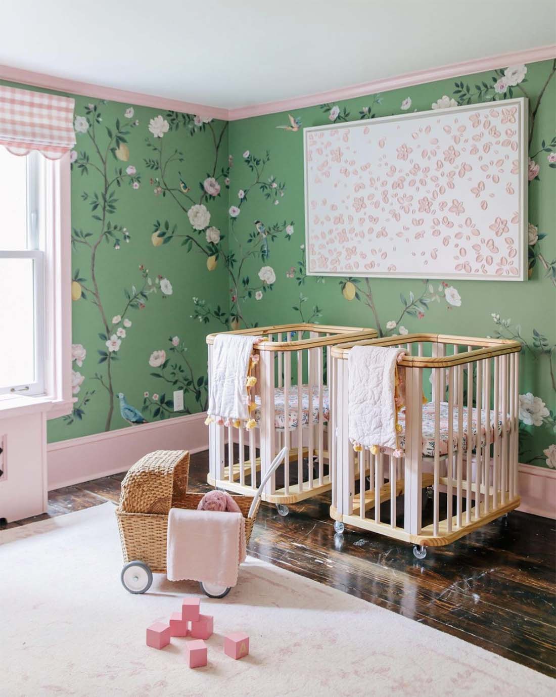 green-floral-wallpaper-with-pink-accents-in-twin-girls-nursery-by-jenniferbeekhunter